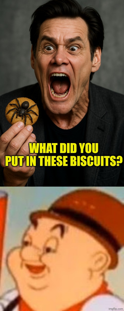 WHAT DID YOU PUT IN THESE BISCUITS? | image tagged in jim carrey spider biscuit,e l m e r | made w/ Imgflip meme maker