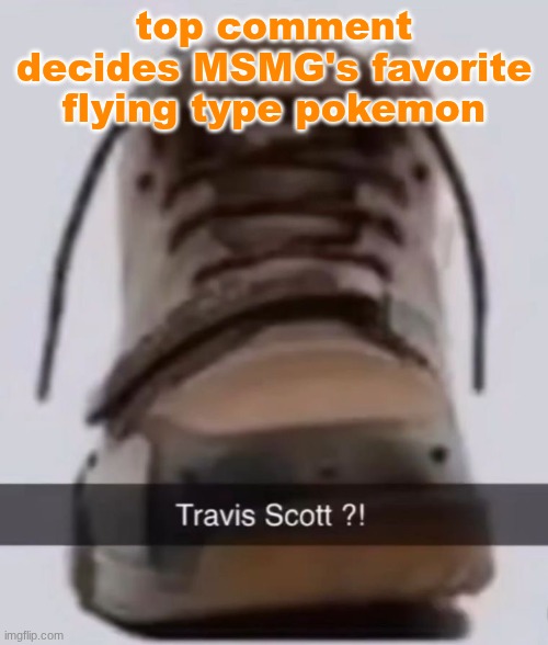 Travis scott ?! | top comment decides MSMG's favorite flying type pokemon | image tagged in travis scott | made w/ Imgflip meme maker
