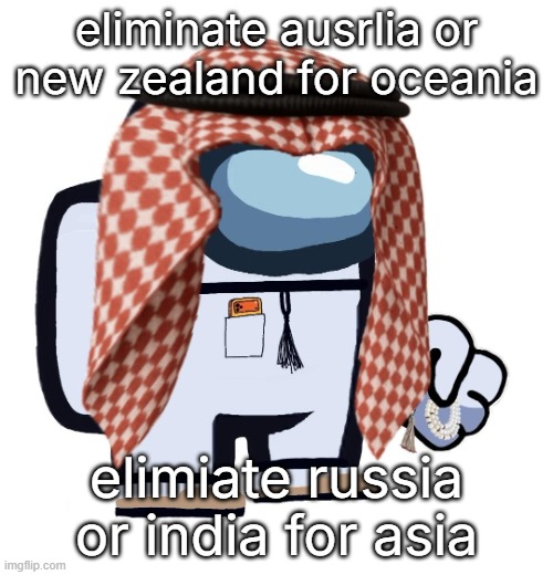ArabMogus (thanks eshaheer) | eliminate ausrlia or new zealand for oceania; elimiate russia or india for asia | image tagged in arabmogus thanks eshaheer | made w/ Imgflip meme maker