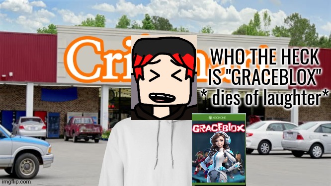 William was at Cribmart and saw a game that said "Graceblox". | WHO THE HECK IS "GRACEBLOX" * dies of laughter* | image tagged in cribmart,graceblox,william | made w/ Imgflip meme maker