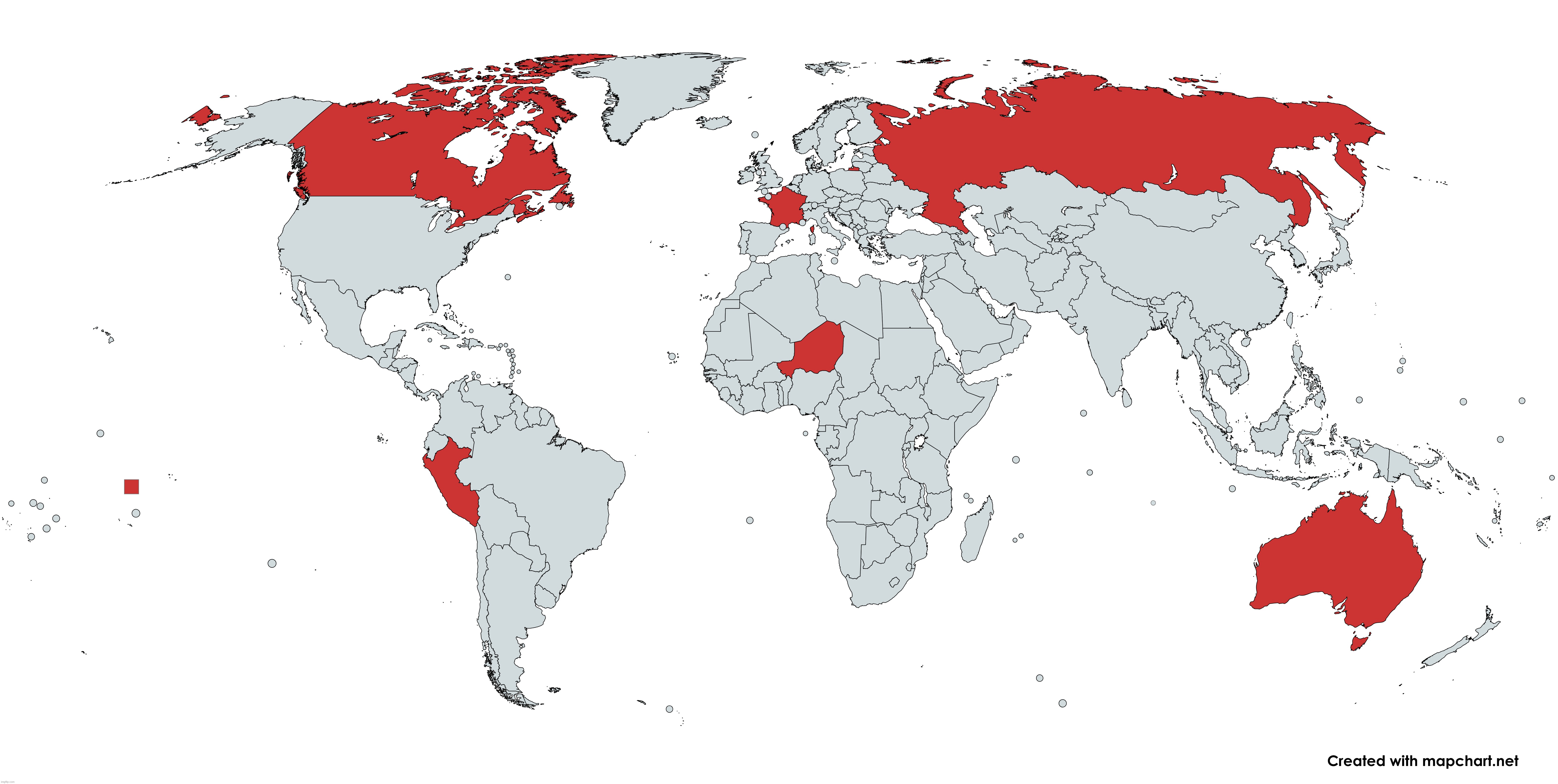 6 countries got eliminated | vote one to eliminate from africa | LEADERBOARD (WILL CHANGE EACH ROUND):

1. PERU
2. AUSTRALIA
3. CANADA
4. NIGER
5. RUSSIA
6. FRANCE | made w/ Imgflip meme maker