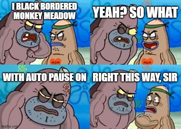 Based on the "I beat BTD6 without the 3x speed button", I present the sequel | YEAH? SO WHAT; I BLACK BORDERED MONKEY MEADOW; WITH AUTO PAUSE ON; RIGHT THIS WAY, SIR | image tagged in memes,how tough are you | made w/ Imgflip meme maker