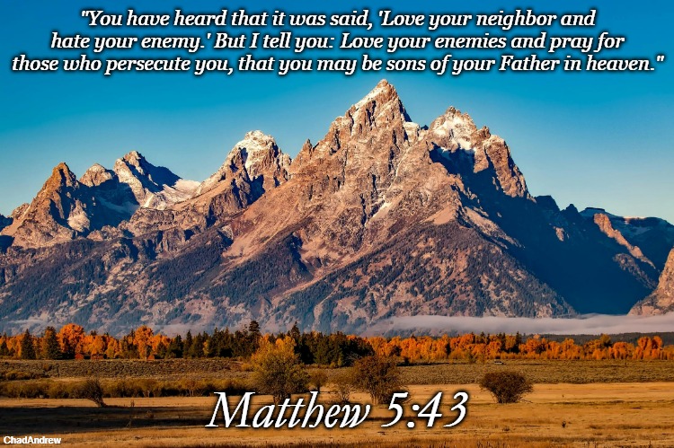 Bible Verse of the Day | "You have heard that it was said, 'Love your neighbor and hate your enemy.' But I tell you: Love your enemies and pray for those who persecute you, that you may be sons of your Father in heaven."; Matthew 5:43 | image tagged in christiansonly,bible verse of the day,jesus christ,christianity | made w/ Imgflip meme maker