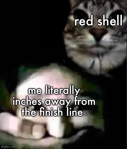 mariokart moment | red shell; me literally inches away from the finish line | image tagged in cat kidnapping child | made w/ Imgflip meme maker