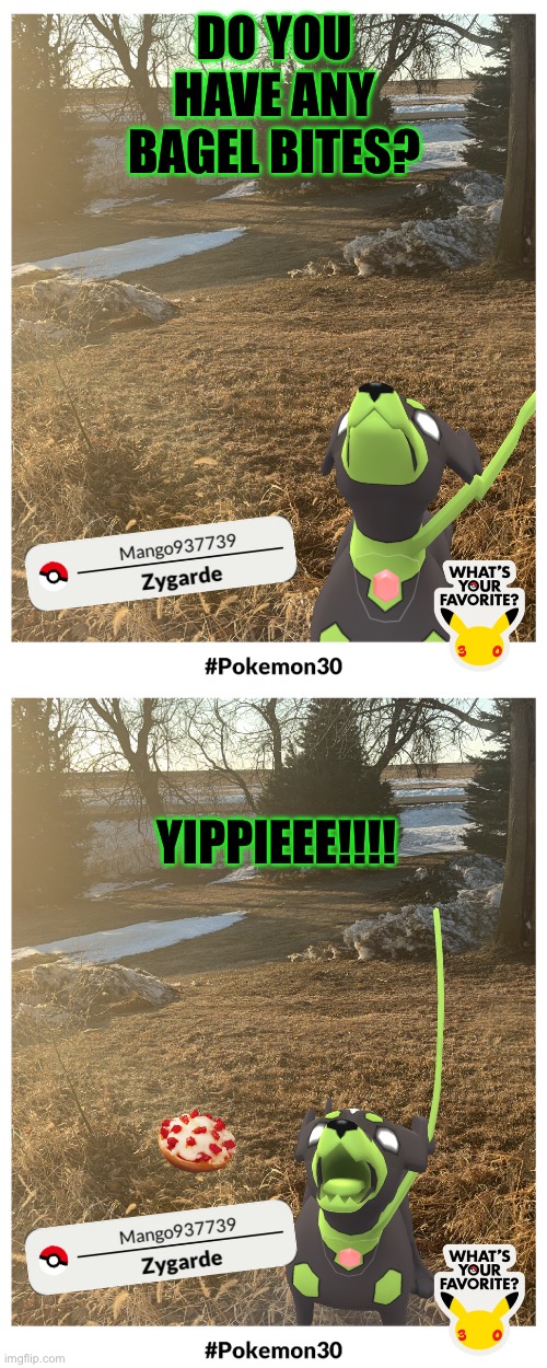 Idk why but when I was testing the new ar feather for Pokémon go I thought this when looking at the images | DO YOU HAVE ANY BAGEL BITES? YIPPIEEE!!!! | made w/ Imgflip meme maker