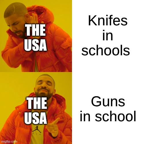 Usa people | Knifes in schools; THE USA; Guns in school; THE USA | image tagged in memes,drake hotline bling | made w/ Imgflip meme maker