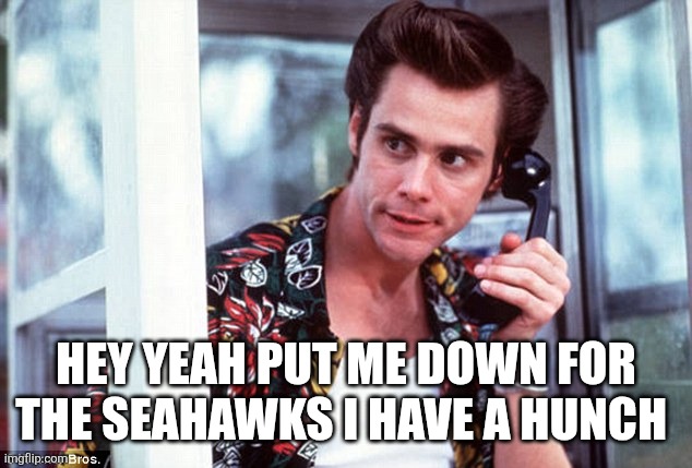 It's Superbowl time | HEY YEAH PUT ME DOWN FOR THE SEAHAWKS I HAVE A HUNCH | image tagged in ace ventura on phone | made w/ Imgflip meme maker