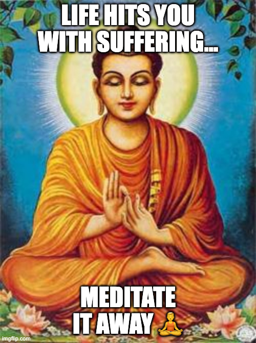 buddha | LIFE HITS YOU WITH SUFFERING…; MEDITATE IT AWAY 🧘‍♂️ | image tagged in buddha | made w/ Imgflip meme maker