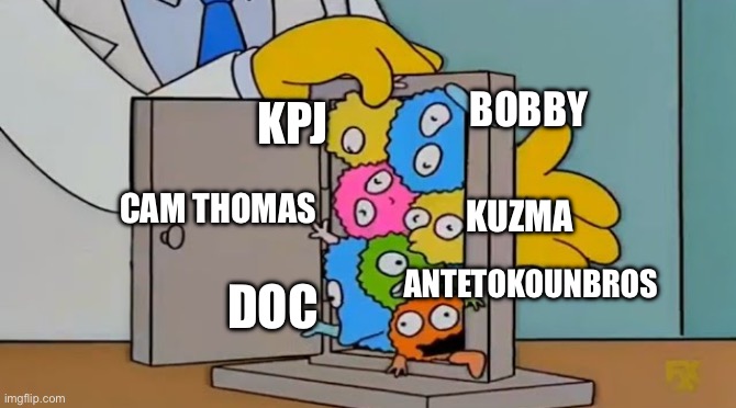 Simpsons Burns Disease | BOBBY; KPJ; CAM THOMAS; KUZMA; ANTETOKOUNBROS; DOC | image tagged in simpsons burns disease | made w/ Imgflip meme maker