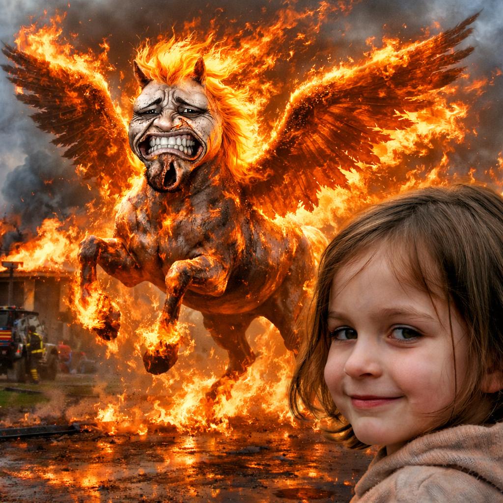 Burning Pegasus with meme painface with the arson little girl in Blank Meme Template