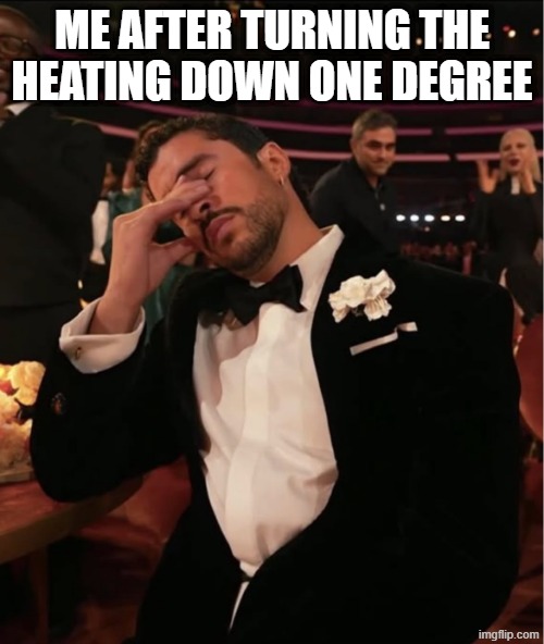 Bad Bunny Grammy WTF | ME AFTER TURNING THE HEATING DOWN ONE DEGREE | image tagged in bad bunny grammy wtf | made w/ Imgflip meme maker