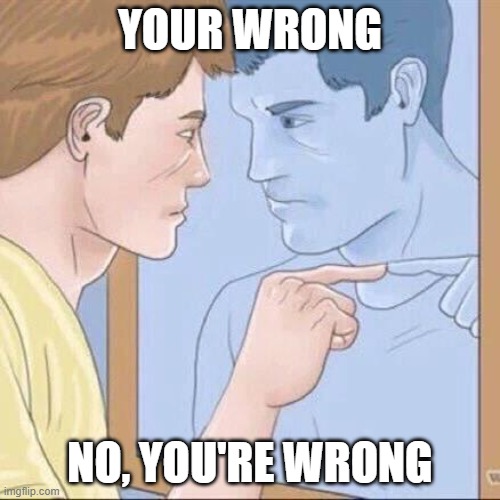 YOUR WRONG NO, YOU'RE WRONG | image tagged in pointing mirror guy | made w/ Imgflip meme maker