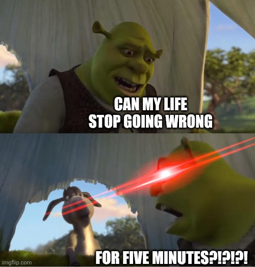 CAN MY LIFE STOP GOING WRONG FOR FIVE MINUTES?!?!?! | image tagged in shrek for five minutes | made w/ Imgflip meme maker