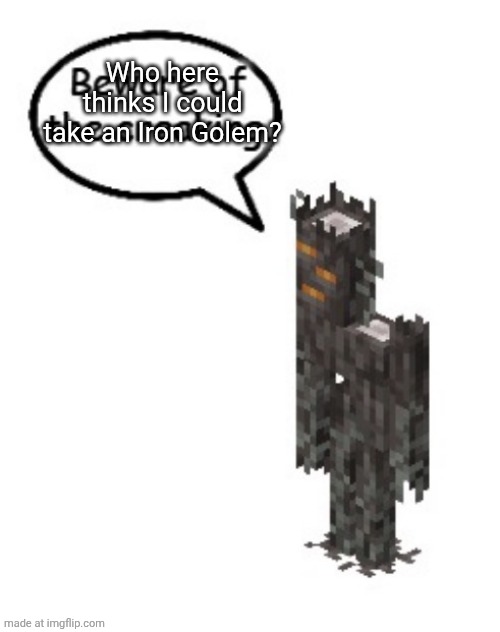You mean in a fight, right? | Who here thinks I could take an Iron Golem? | image tagged in beware of the creaking | made w/ Imgflip meme maker