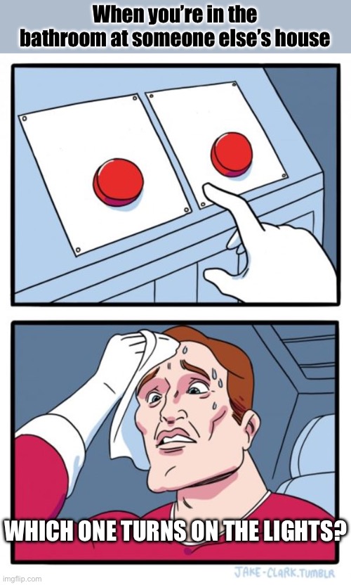 The other one turns on the fan | When you’re in the bathroom at someone else’s house; WHICH ONE TURNS ON THE LIGHTS? | image tagged in memes,two buttons | made w/ Imgflip meme maker