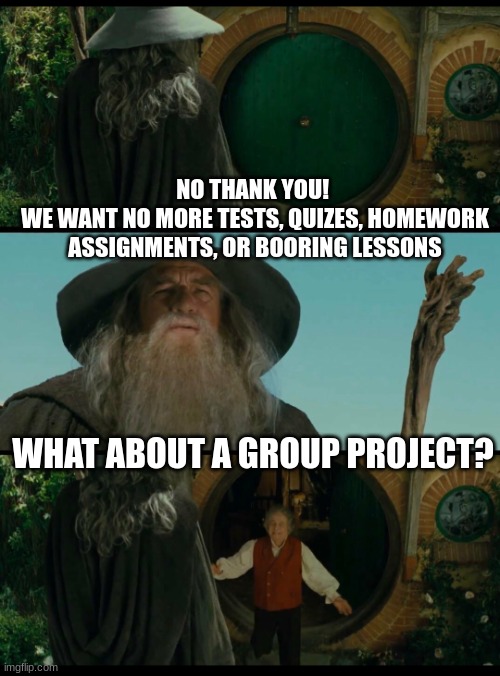school be like | NO THANK YOU! 
WE WANT NO MORE TESTS, QUIZES, HOMEWORK ASSIGNMENTS, OR BOORING LESSONS; WHAT ABOUT A GROUP PROJECT? | image tagged in gandalf | made w/ Imgflip meme maker