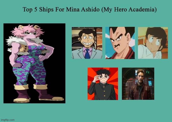 mina's 5 ships | image tagged in mina's 5 ships,dandadan,lupin the third,vegeta,my hero academia,starlord | made w/ Imgflip meme maker