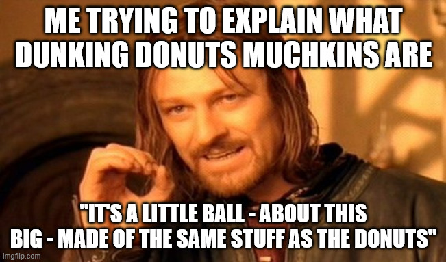 true story | ME TRYING TO EXPLAIN WHAT DUNKING DONUTS MUCHKINS ARE; "IT'S A LITTLE BALL - ABOUT THIS BIG - MADE OF THE SAME STUFF AS THE DONUTS" | image tagged in memes,one does not simply | made w/ Imgflip meme maker