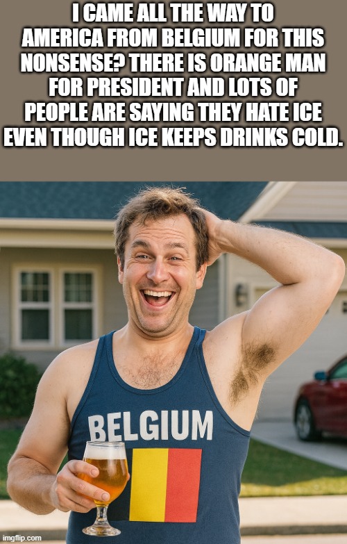 He Came All The Way To America From Belgium For This Nonsense | I CAME ALL THE WAY TO AMERICA FROM BELGIUM FOR THIS NONSENSE? THERE IS ORANGE MAN FOR PRESIDENT AND LOTS OF PEOPLE ARE SAYING THEY HATE ICE EVEN THOUGH ICE KEEPS DRINKS COLD. | image tagged in america,belgium,donald trump,ice,funny,memes | made w/ Imgflip meme maker
