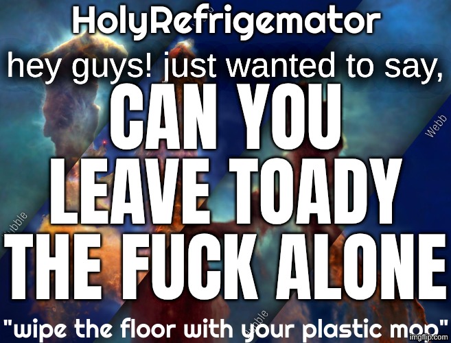 holy SHIT YOU GUYS ARE SO IMMATURE!! | hey guys! just wanted to say, CAN YOU LEAVE TOADY THE FUCK ALONE | image tagged in holyrefrigemator temp | made w/ Imgflip meme maker