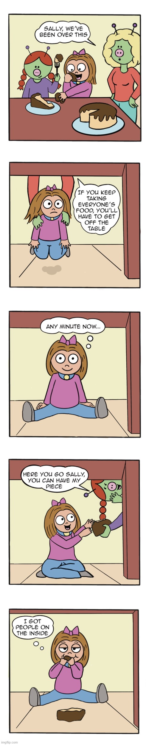 image tagged in aliens,human,sally,table,cake,yum | made w/ Imgflip meme maker