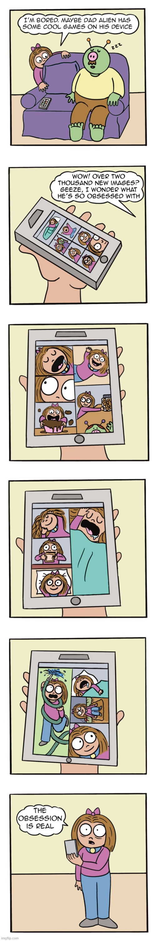 image tagged in alien,dad,human,sally,phone,photos | made w/ Imgflip meme maker