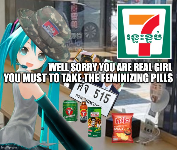 7-រន្ទះខ្ទប់ | WELL SORRY YOU ARE REAL GIRL YOU MUST TO TAKE THE FEMINIZING PILLS | image tagged in 7-eleven,hatsune miku,memes | made w/ Imgflip meme maker
