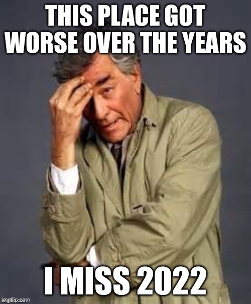 Columbo | THIS PLACE GOT WORSE OVER THE YEARS; I MISS 2022 | image tagged in columbo | made w/ Imgflip meme maker