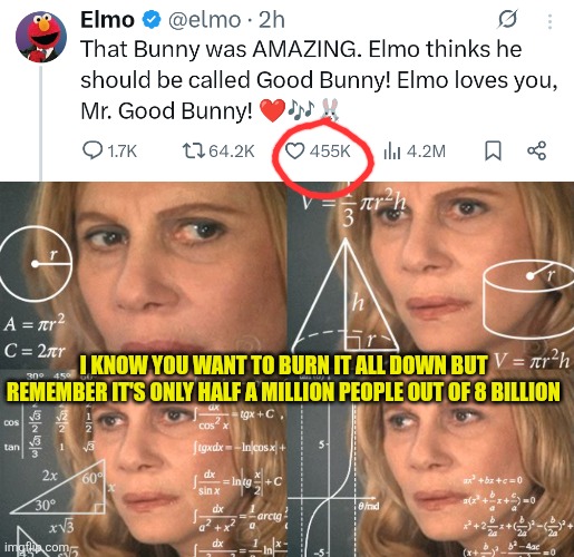 Sometimes it's even hard for us | I KNOW YOU WANT TO BURN IT ALL DOWN BUT REMEMBER IT'S ONLY HALF A MILLION PEOPLE OUT OF 8 BILLION | image tagged in calculating meme,disappointment,burn baby burn | made w/ Imgflip meme maker