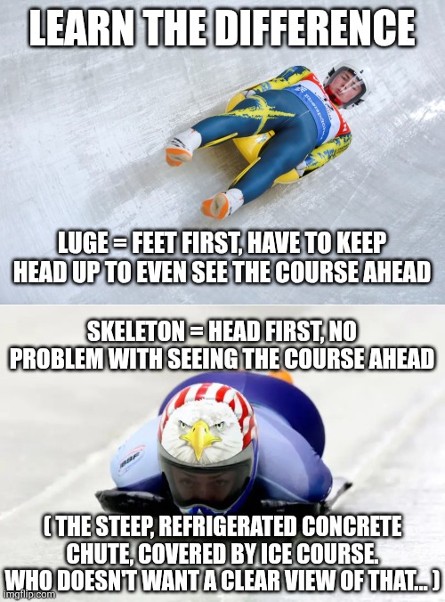 LEARN THE DIFFERENCE; LUGE = FEET FIRST, HAVE TO KEEP HEAD UP TO EVEN SEE THE COURSE AHEAD; SKELETON = HEAD FIRST, NO PROBLEM WITH SEEING THE COURSE AHEAD; ( THE STEEP, REFRIGERATED CONCRETE CHUTE, COVERED BY ICE COURSE. WHO DOESN'T WANT A CLEAR VIEW OF THAT... ) | image tagged in luge,skeleton | made w/ Imgflip meme maker