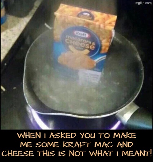 Not What I Meant | WHEN I ASKED YOU TO MAKE ME SOME KRAFT MAC AND CHEESE THIS IS NOT WHAT I MEANT! | image tagged in mac and cheese,not what i meant,duhhh dumbass,do you are have stupid,human stupidity,funny memes | made w/ Imgflip meme maker