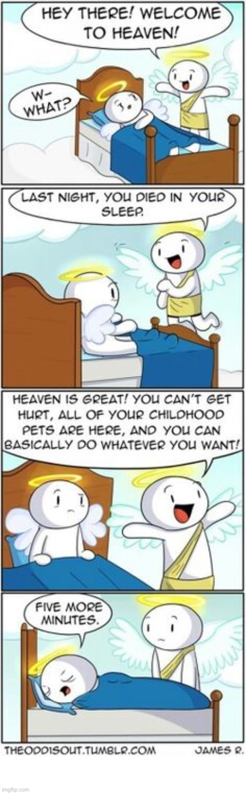 The Odd 1s Out | image tagged in comics,the odd 1s out,heaven,died,sleepy,five more minutes | made w/ Imgflip meme maker