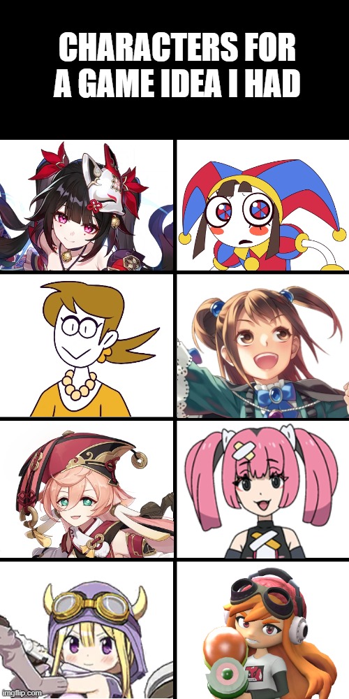 Game Idea since they had the same VA at some point | CHARACTERS FOR A GAME IDEA I HAD | image tagged in honkai star rail,the amazing digital circus,spooky month,smg4,puella magi madoka magica,pokemon | made w/ Imgflip meme maker