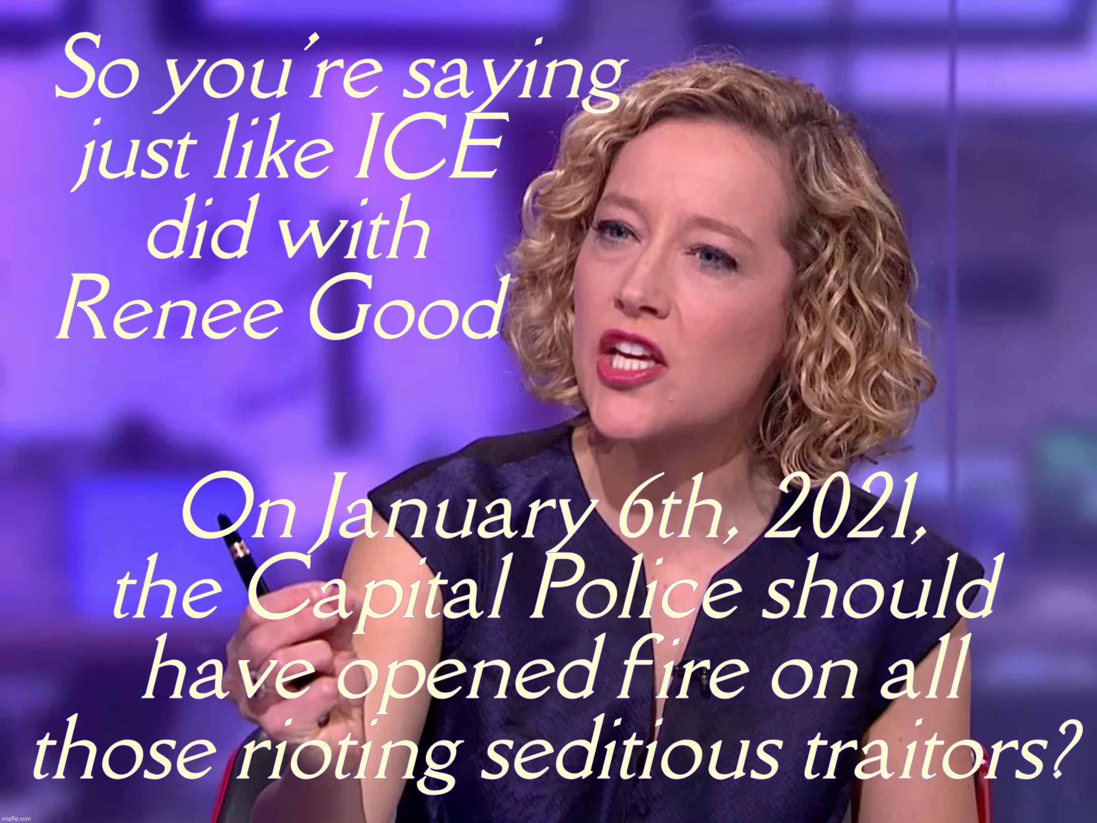 Cathy Newman | So you're saying
just like ICE     
did with     
Renee Good On January 6th, 2021,
the Capital Police should have opened fire on all those r | image tagged in sandy | made w/ Imgflip meme maker