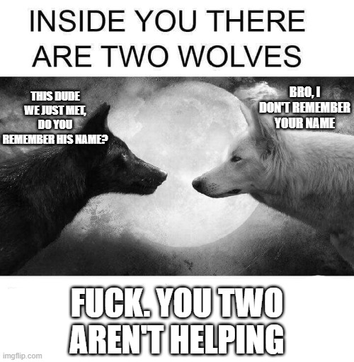 I'm pretty sure it started with an 'M' | BRO, I DON'T REMEMBER YOUR NAME; THIS DUDE WE JUST MET, DO YOU REMEMBER HIS NAME? FUCK. YOU TWO AREN'T HELPING | image tagged in inside you there are two wolves | made w/ Imgflip meme maker