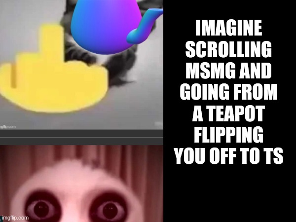 IMAGINE SCROLLING MSMG AND GOING FROM A TEAPOT FLIPPING YOU OFF TO TS | made w/ Imgflip meme maker