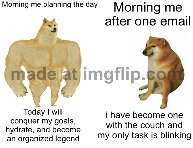 Morning me after one email; i have become one with the couch and my only task is blinking | Morning me planning the day; Morning me after one email; i have become one with the couch and my only task is blinking; Today I will conquer my goals, hydrate, and become an organized legend | image tagged in memes,buff doge vs cheems,morning,good morning,coffee,couch potato | made w/ Imgflip meme maker