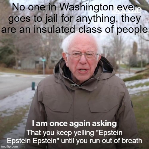 Best you're gonna get is being told that "sunlight is the best disinfectant" | No one in Washington ever goes to jail for anything, they are an insulated class of people; That you keep yelling "Epstein Epstein Epstein" until you run out of breath | image tagged in memes,bernie i am once again asking for your support,jeffrey epstein | made w/ Imgflip meme maker