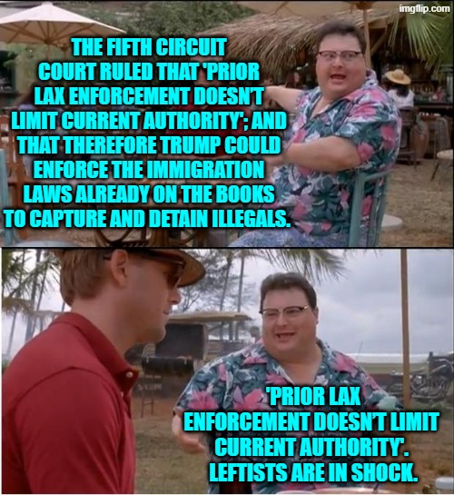 The law on the books IS the law leftists.  Who knew? | THE FIFTH CIRCUIT COURT RULED THAT 'PRIOR LAX ENFORCEMENT DOESN’T LIMIT CURRENT AUTHORITY'; AND THAT THEREFORE TRUMP COULD ENFORCE THE IMMIGRATION LAWS ALREADY ON THE BOOKS TO CAPTURE AND DETAIN ILLEGALS. 'PRIOR LAX ENFORCEMENT DOESN’T LIMIT CURRENT AUTHORITY'.  LEFTISTS ARE IN SHOCK. | image tagged in see nobody cares | made w/ Imgflip meme maker