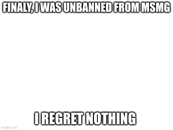 i regret nothing | FINALY, I WAS UNBANNED FROM MSMG; I REGRET NOTHING | image tagged in oh wow are you actually reading these tags | made w/ Imgflip meme maker