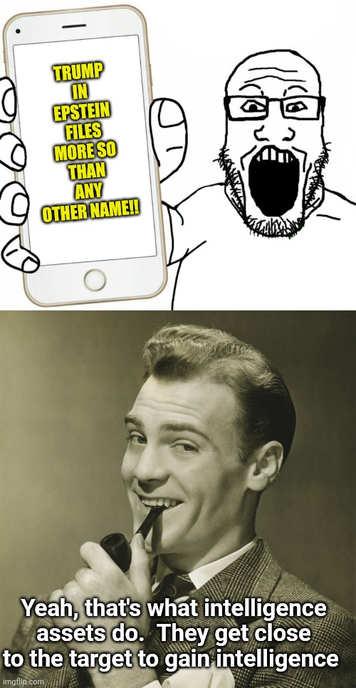 TRUMP IN EPSTEIN FILES MORE SO THAN ANY OTHER NAME!! Yeah, that's what intelligence assets do.  They get close to the target to gain intelligence | image tagged in soyjak,smug | made w/ Imgflip meme maker