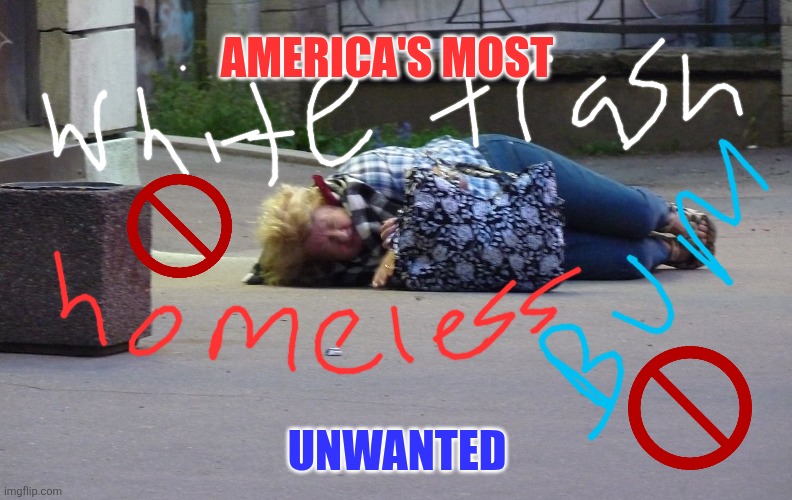 Woman homeless sleep street | AMERICA'S MOST; UNWANTED | image tagged in woman homeless sleep street | made w/ Imgflip meme maker