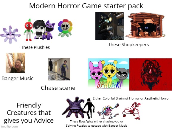 Modern Horror Games Starter Pack | Modern Horror Game starter pack; These Shopkeepers; These Plushies; Banger Music; Chase scene; Either Colorful Brainrot Horror or Aesthetic Horror; Friendly Creatures that gives you Advice; These Bossfights either chasing you or Solving Puzzles to escape with Banger Music | image tagged in blank white template,horror games,starter pack | made w/ Imgflip meme maker