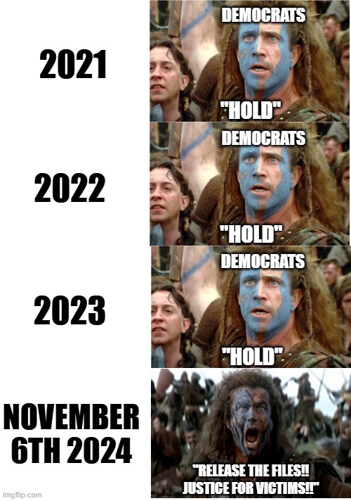 Hmmm...timing seems a bit off | DEMOCRATS; 2021; "HOLD"; DEMOCRATS; 2022; "HOLD"; DEMOCRATS; 2023; "HOLD"; NOVEMBER 6TH 2024; "RELEASE THE FILES!! JUSTICE FOR VICTIMS!!" | image tagged in political meme,democrats,epstein,files | made w/ Imgflip meme maker
