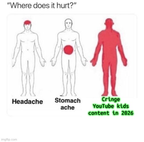 Man, YouTube kids in 2015 to 2016 Are way better then we have nowadays | Cringe YouTube kids content in 2026 | image tagged in where does it hurt | made w/ Imgflip meme maker