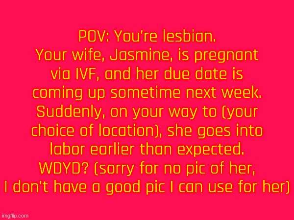 Lesbian family RP! Basic rules apply. Female OCs only. I will not be doing roleplay in Memechat. | POV: You're lesbian. Your wife, Jasmine, is pregnant via IVF, and her due date is coming up sometime next week. Suddenly, on your way to (your choice of location), she goes into labor earlier than expected. WDYD? (sorry for no pic of her, I don't have a good pic I can use for her) | made w/ Imgflip meme maker