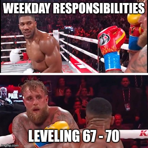 jake paul anthony joshua | WEEKDAY RESPONSIBILITIES; LEVELING 67 - 70 | image tagged in jake paul anthony joshua | made w/ Imgflip meme maker
