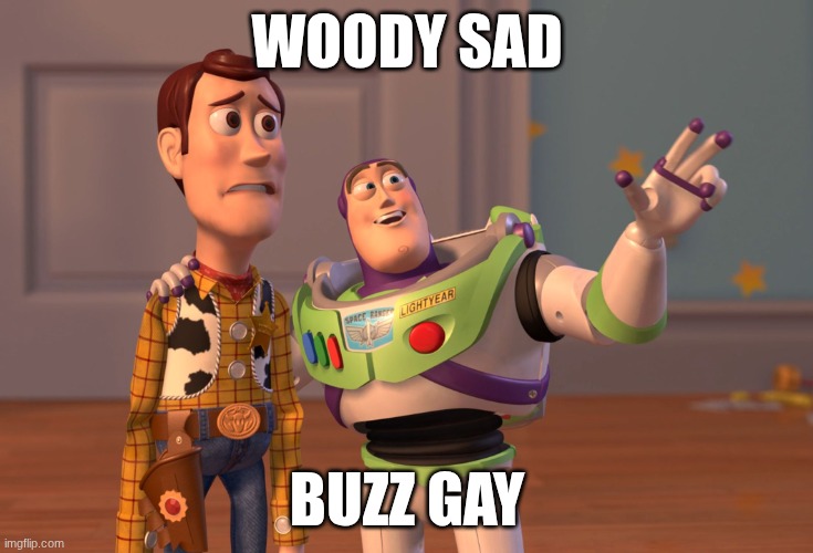 X, X Everywhere Meme | WOODY SAD; BUZZ GAY | image tagged in memes,x x everywhere | made w/ Imgflip meme maker
