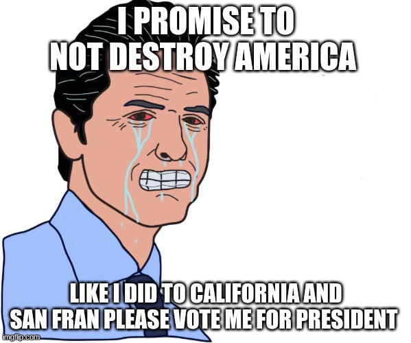 Gavin Newsom | I PROMISE TO NOT DESTROY AMERICA; LIKE I DID TO CALIFORNIA AND SAN FRAN PLEASE VOTE ME FOR PRESIDENT | image tagged in gavin newsom | made w/ Imgflip meme maker