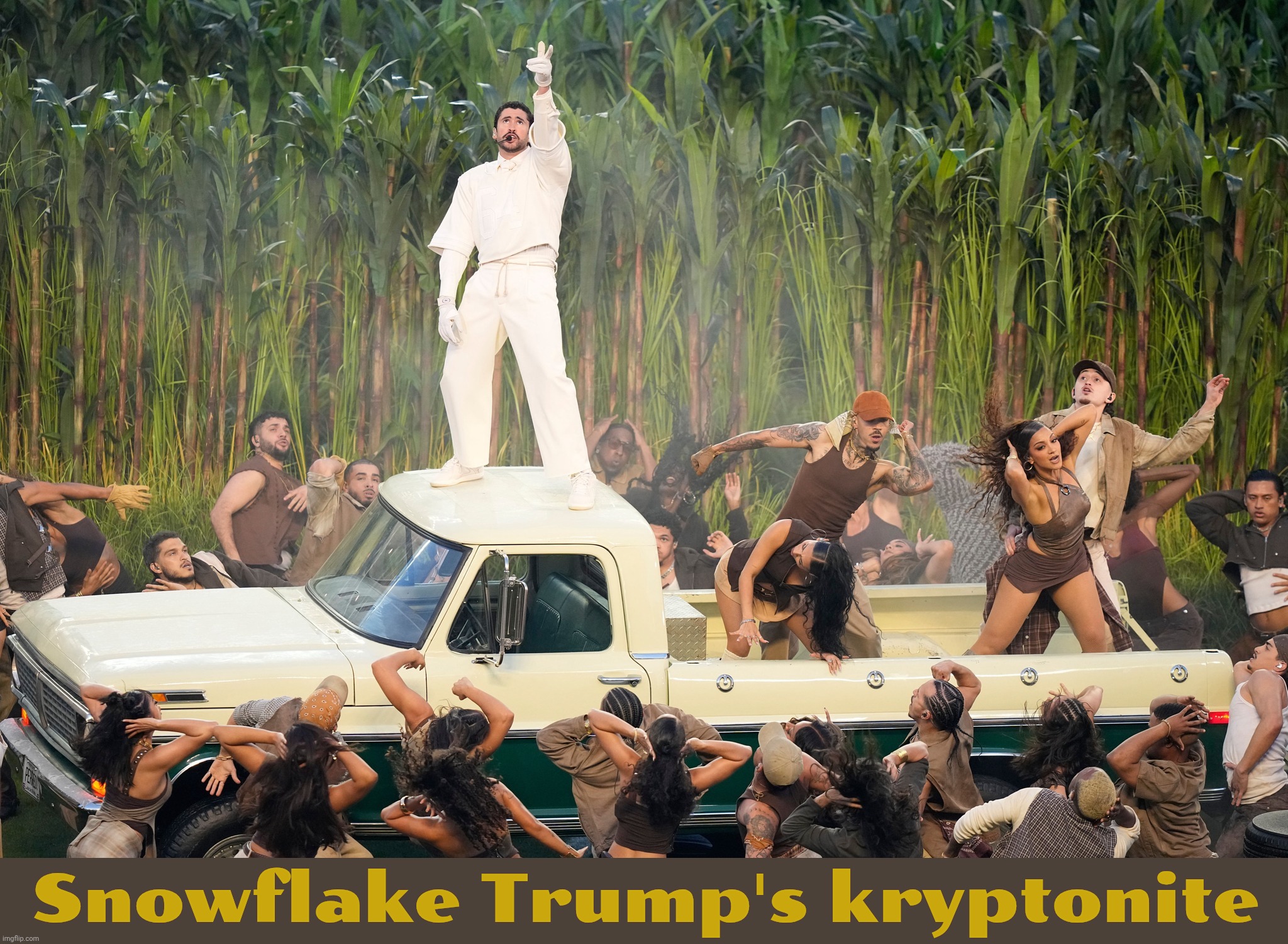 Bad Bunny, kryptonite to the racist haters | Snowflake Trump's kryptonite | image tagged in bad bunny,bad bunny super bowl halftime show,kryptonite to the haters,sorry snowflakes,kid cuck sucked | made w/ Imgflip meme maker